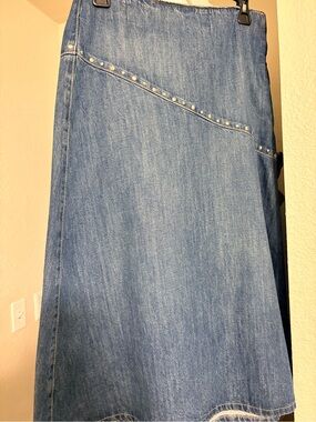 Zara Blue Denim Flare Maxi Skirt with Stud Trim